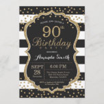 90th Birthday Invitation. Black and Gold Glitter Invitation<br><div class="desc">90th Birthday Invitation for women or man. Black and Gold Birthday Party Invite. Gold Glitter Confetti. Black and White Stripes. Printable Digital. For further customisation,  please click the "Customise it" button and use our design tool to modify this template.</div>