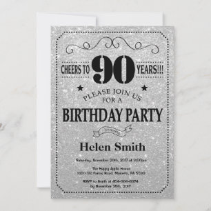 90th Birthday Invitation Black and Silver Glitter