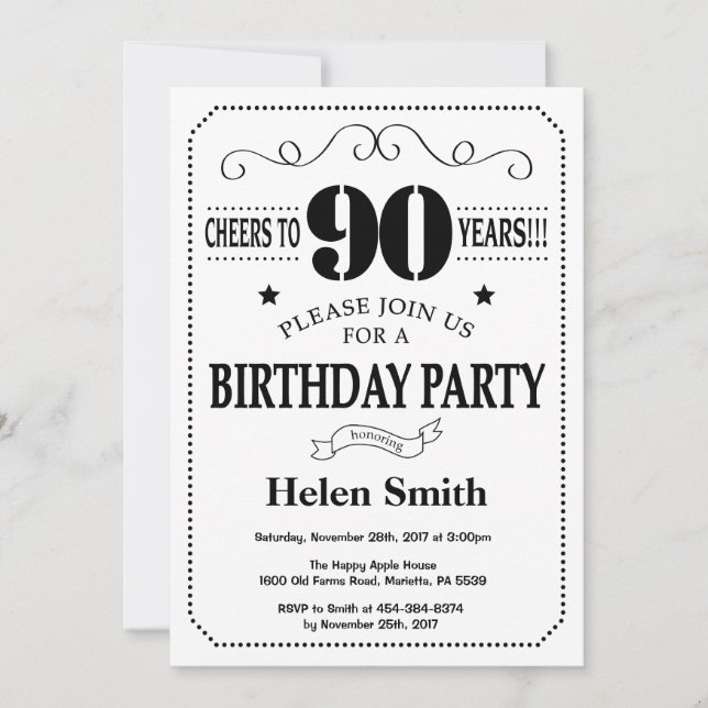 90th Birthday Invitation Black and White (Front)