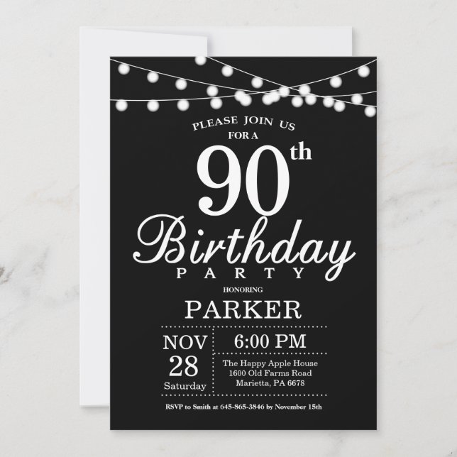 90th Birthday Invitation Black and White (Front)