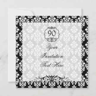 90th Birthday Invitation Black and White Damask