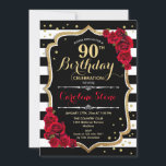 90th Birthday Invitation Black White Stripes Roses<br><div class="desc">90th birthday invitation party for women. Elegant black white invite card with faux glitter gold. Features roses,  script font and stylish stripes. Perfect for a milestone adult bday celebration.</div>