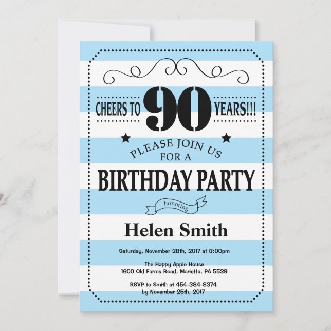90th Birthday Invitation Blue and White Stripes (Front)