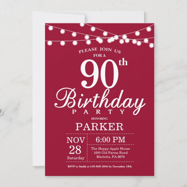 90th Birthday Invitation Burgundy Red (Front)