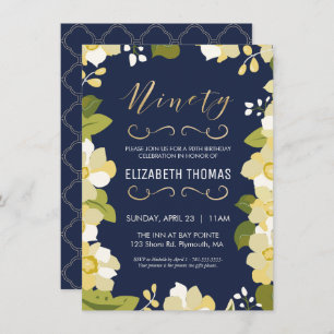 90th Birthday Invitation, Customise Floral w/ Gold Invitation