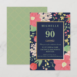 90th Birthday Invitation - Gold, Elegant Floral