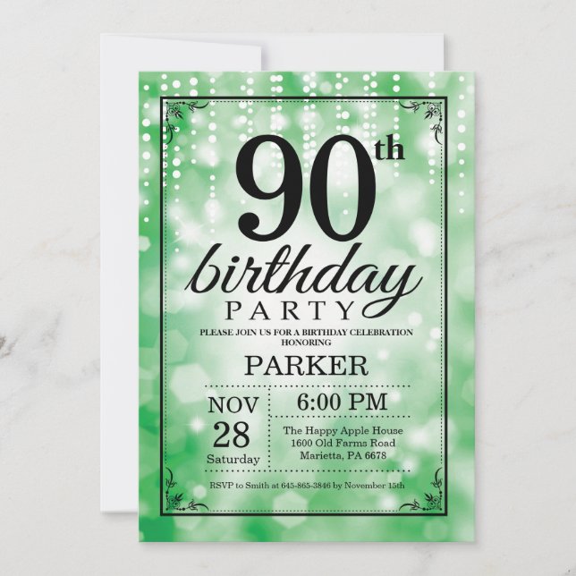 90th Birthday Invitation Green Glitter (Front)