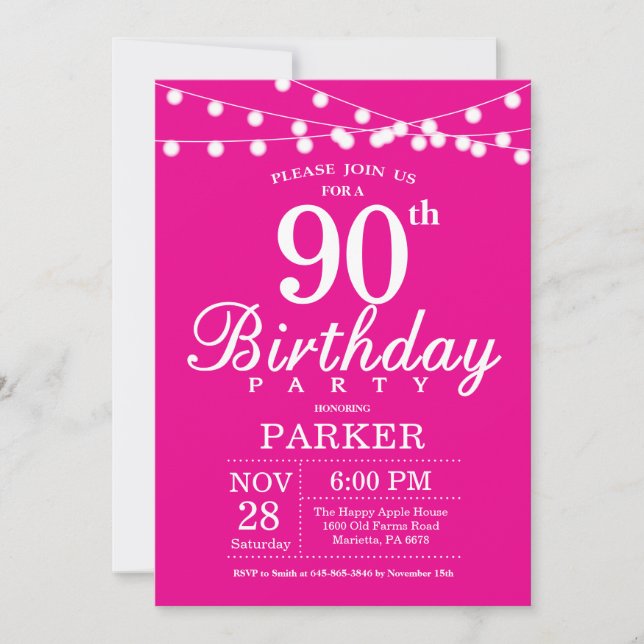 90th Birthday Invitation Hot Pink (Front)