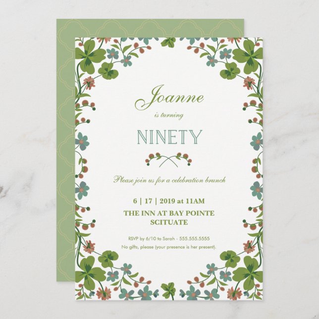 90th Birthday Invitation, Ninetieth Vintage Style Invitation (Front/Back)