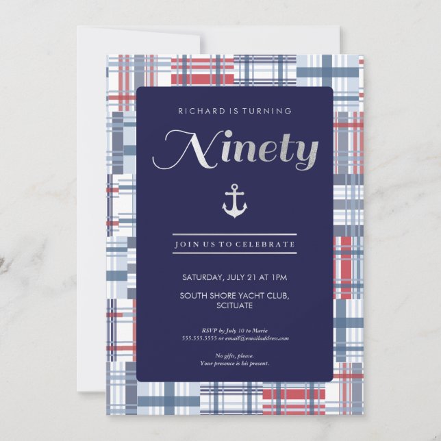90th Birthday Invitation - Ninety, Nautical Summer (Front)