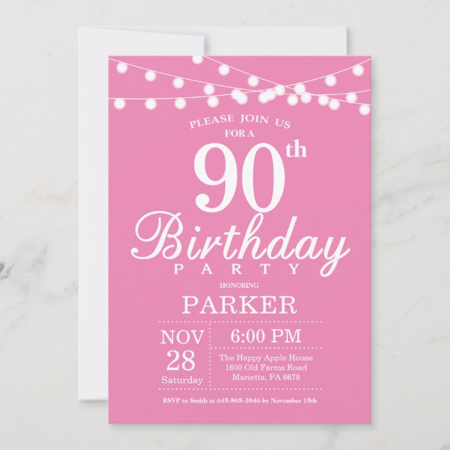 90th Birthday Invitation Pink (Front)