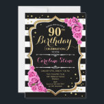 90th Birthday Invitation Pink Black White Stripes<br><div class="desc">90th birthday party invitation for women. Elegant black white and pink invite card with faux glitter gold. Floral design featuring stripes,  script font and pink roses. Perfect for a stylish milestone adult bday celebration.</div>