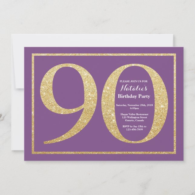 90th Birthday Invitation Purple and Gold Glitter (Front)