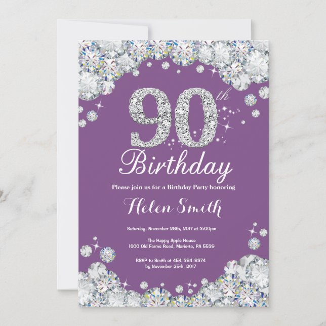 90th Birthday Invitation Purple and Silver Diamond (Front)