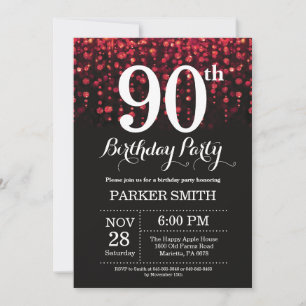 90th Birthday Invitation Red Glitter