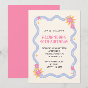 90th birthday invitation Retro Groovy Pink Flowers