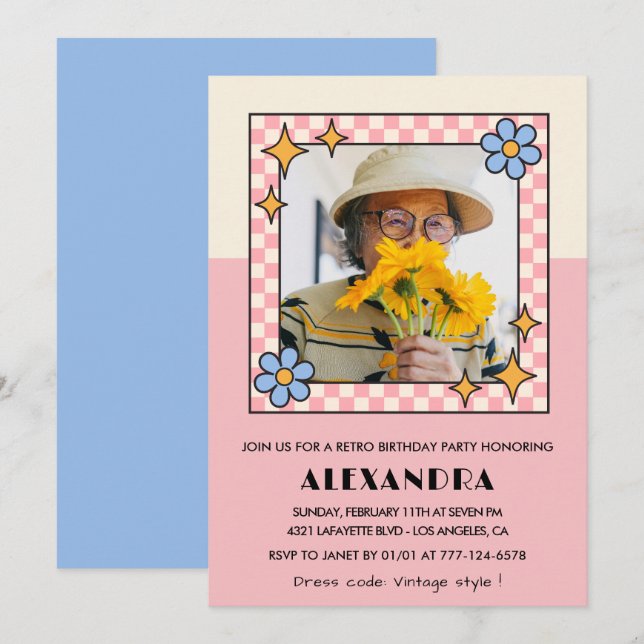 90th birthday invitation Retro Groovy Pink Flowers (Front/Back)