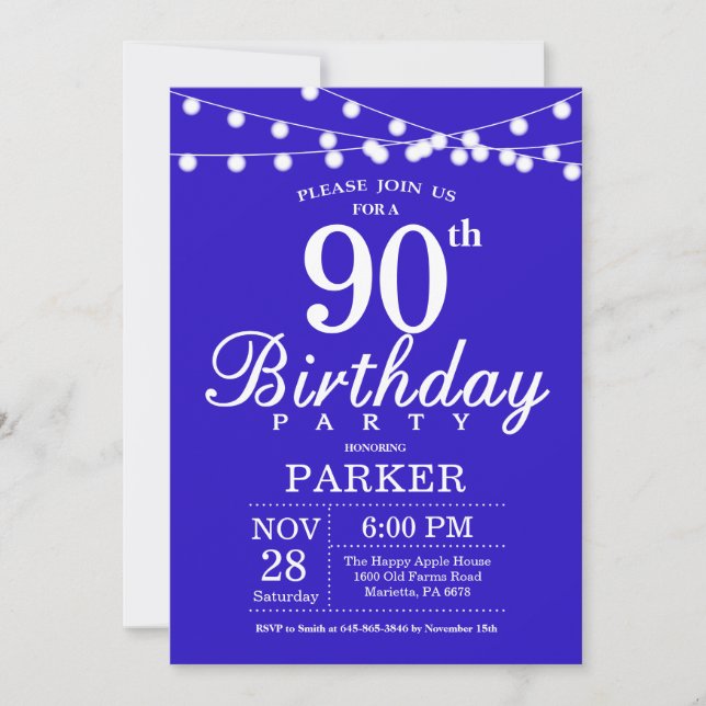 90th Birthday Invitation Royal Blue (Front)