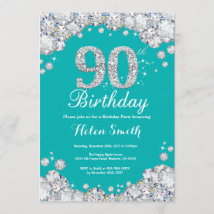 90th Birthday Invitation Teal and Silver Diamond