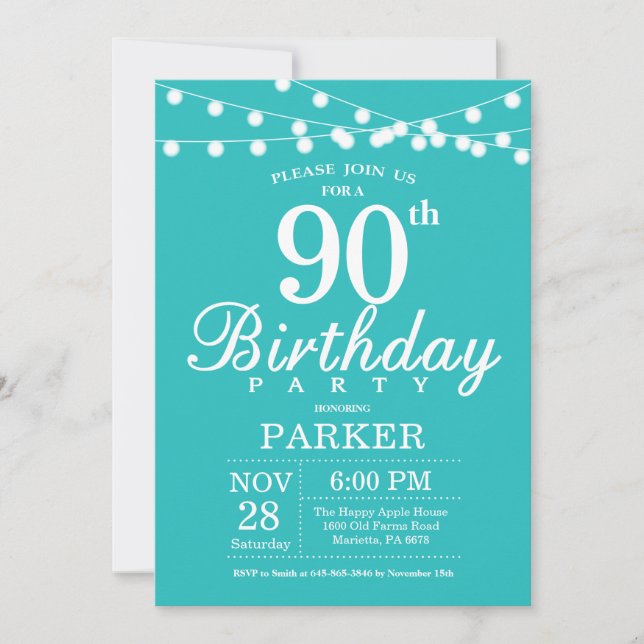 90th Birthday Invitation Teal Aqua Turquoise (Front)