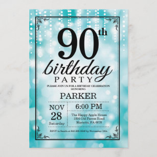 90th Birthday Invitation Teal Glitter