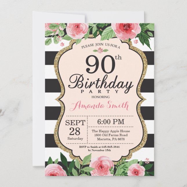 90th Birthday Invitation Women. Floral Gold Black (Front)