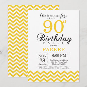 90th Birthday Invitation Yellow Chevron
