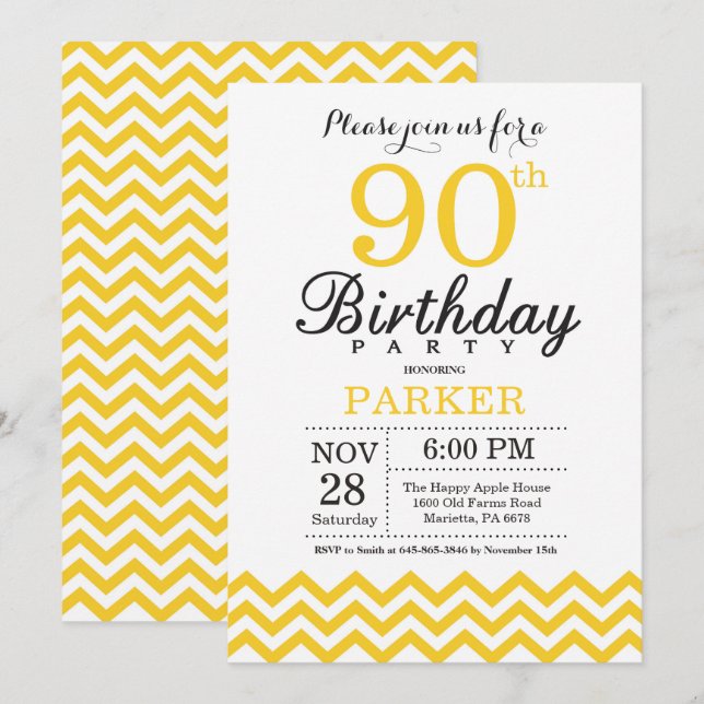 90th Birthday Invitation Yellow Chevron (Front/Back)