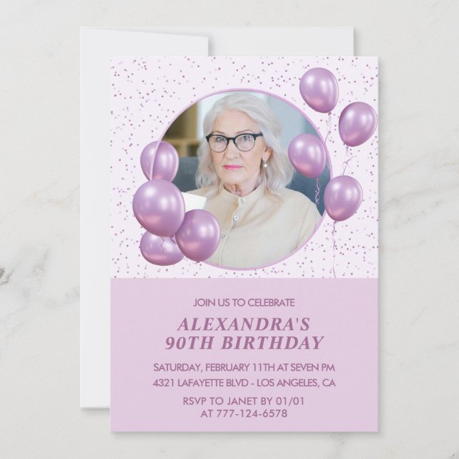 90th birthday invitations Balloons Photo Purple (Front)