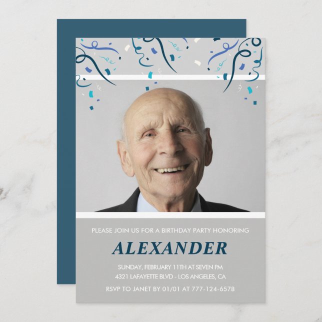 90th birthday invitations Men Confetti Photo Navy (Front/Back)