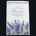 90th Birthday July Birth Month Flower Blue Medium Gift Bag<br><div class="desc">Elegant summer watercolor blue larkspur flowers create a beautiful floral border at the bottom of this July Birth Flower gift bag. Larkspur or delphinium flowers are the July birth flower. A trendy font combination gives it a modern aesthetic. All of the text is editable.</div>