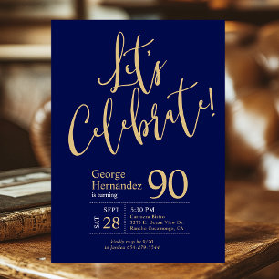 90th Birthday Let's Celebrate Navy Blue Gold Photo Invitation