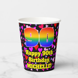 90th Birthday: Loving Hearts Pattern, Rainbow 90 Paper Cups
