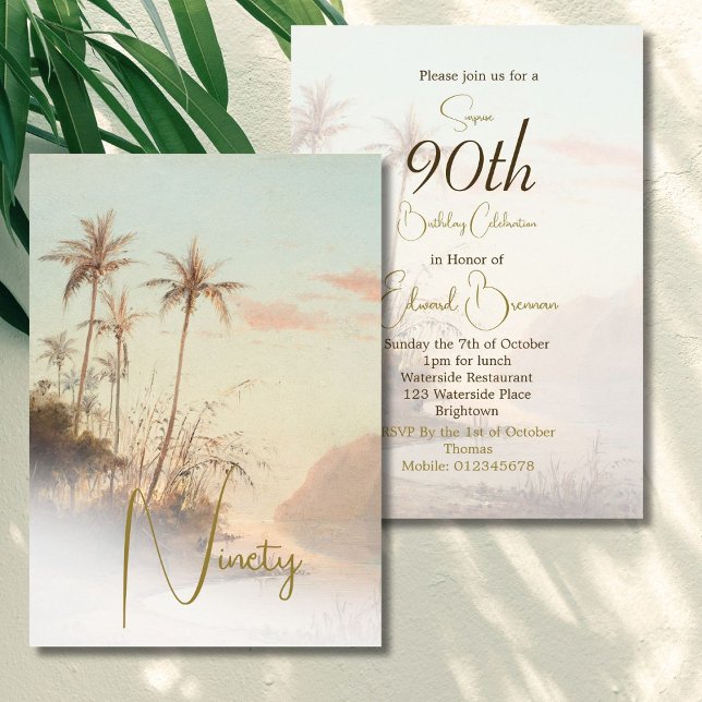 90th Birthday Male Tropical Vintage Palm Birthday  Invitation (Creator Uploaded)