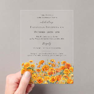 90th Birthday Marigold October Birth Month Flower Acrylic Invitations
