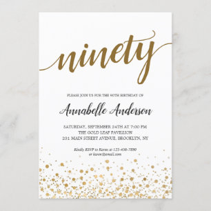 90th Birthday Modern Gold Confetti Dots Script Invitation