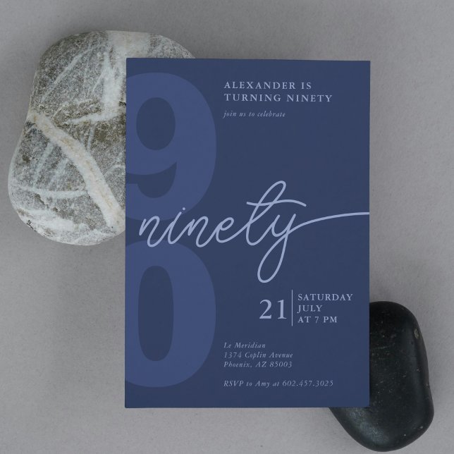 90th Birthday Modern Minimalist Navy  Invitation (Creator Uploaded)