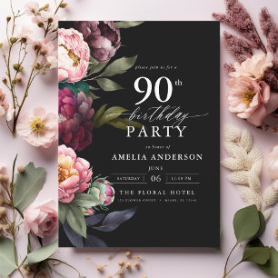 90th Birthday Modern Moody Burgundy Blush Floral Invitation
