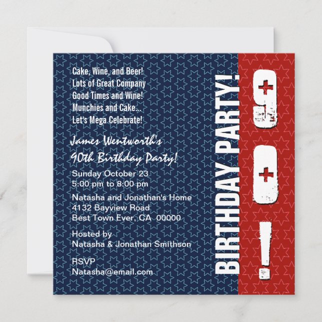 90th Birthday Modern Red White Blue Stars W302 Invitation (Front)