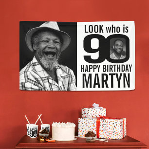 90th birthday mono look 90 custom photo now then banner