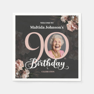 90th Birthday Moody Floral Pink Custom Photo Napkin
