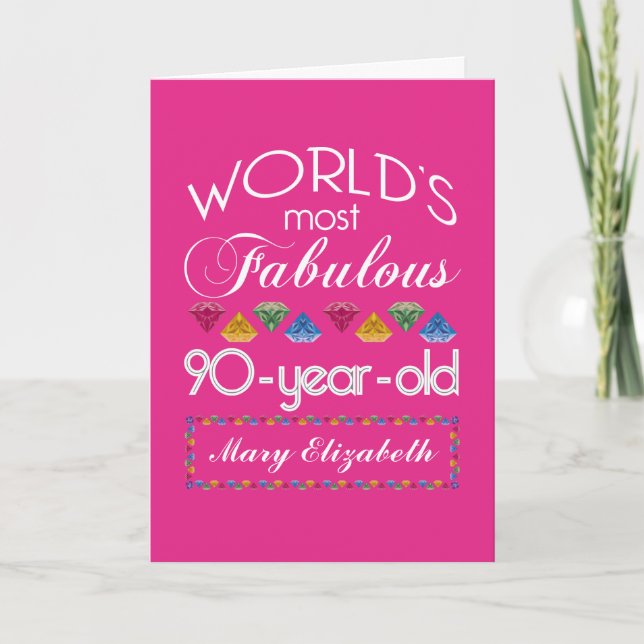 90th Birthday Most Fabulous Colourful Gems Pink Card (Front)
