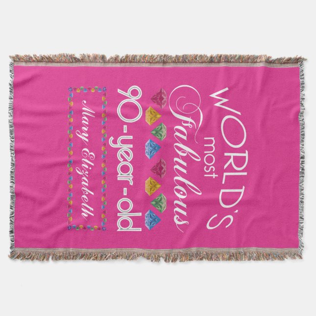 90th Birthday Most Fabulous Colourful Gems Pink Throw Blanket (Front)