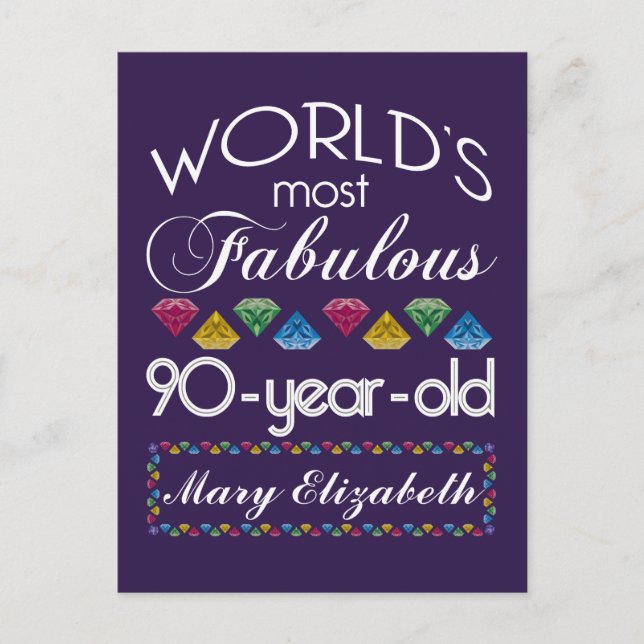 90th Birthday Most Fabulous Colourful Gems Purple Postcard (Front)