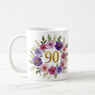 90th Birthday Mug – Floral Wreath with Gold Number
