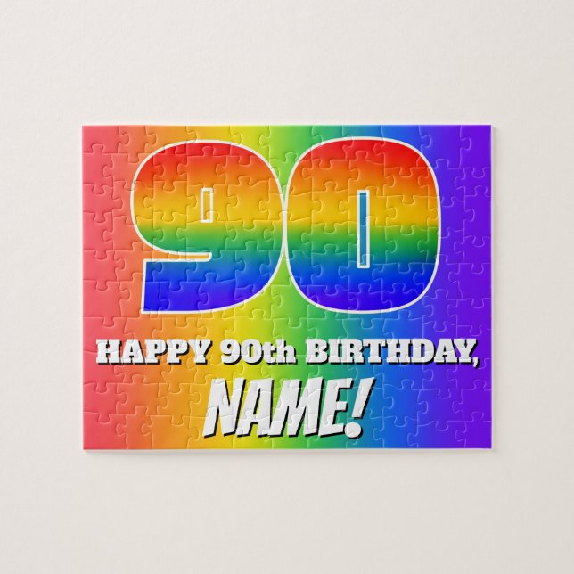 90th Birthday — Multicolored Rainbow Pattern “90” Jigsaw Puzzle (Horizontal)