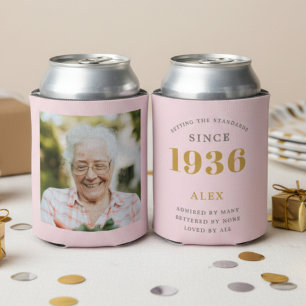 90th Birthday Name 1935 Chic Pink Grey Photo Can Cooler