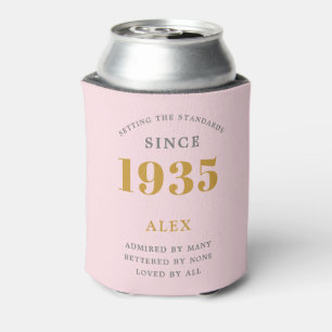 90th Birthday Name 1935 Pink Grey Elegant Chic Can Cooler