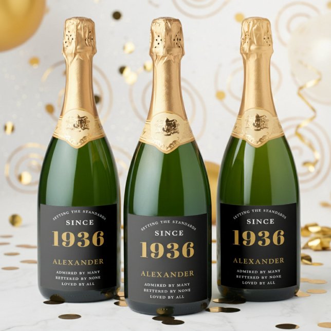 90th Birthday Name 1936 Black Gold Elegant Chic Sparkling Wine Label (1936 Sparkling wine label. White background.)