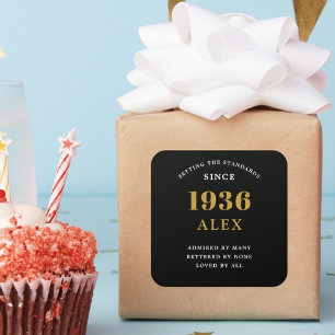 90th Birthday Name 1936 Black Gold Elegant Chic Square Sticker